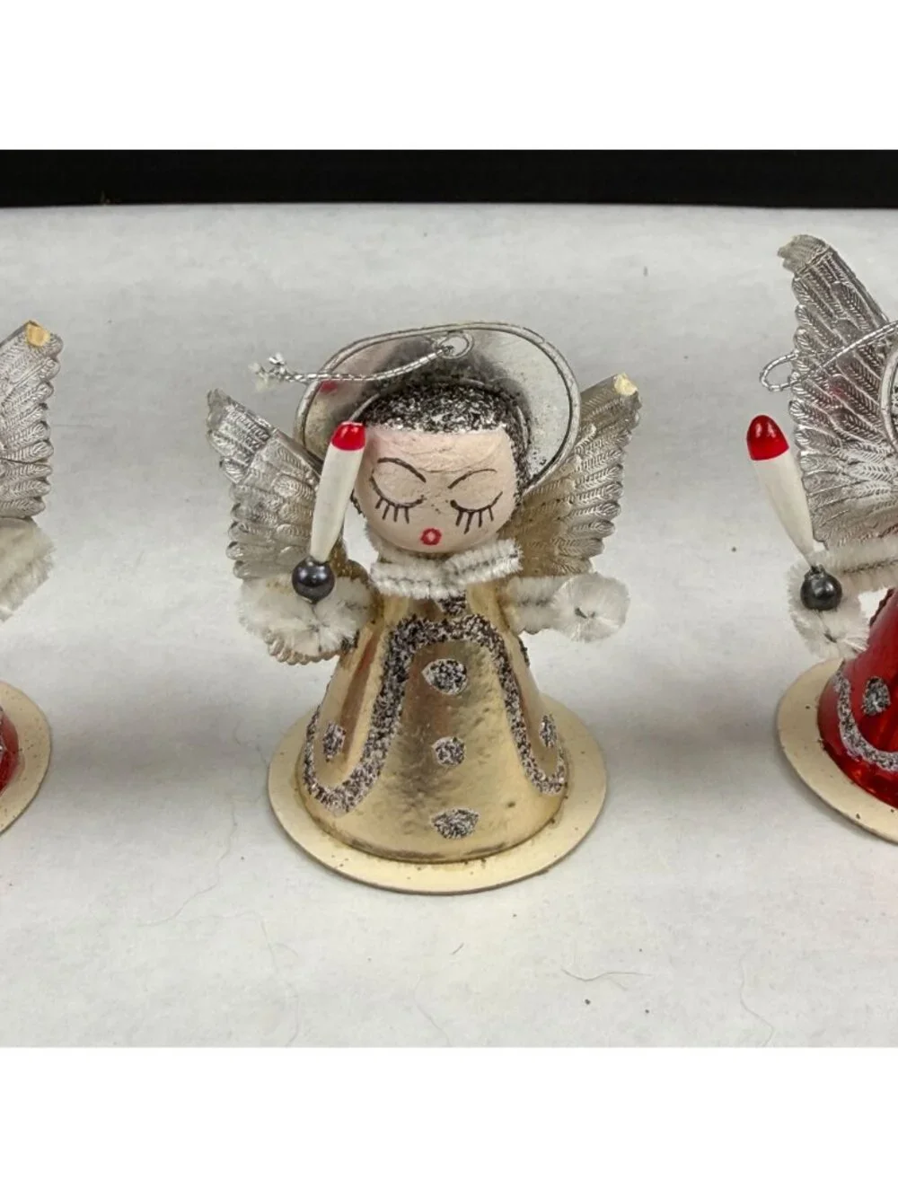 Vintage Cardboard Putz Pipe Cleaner Christmas Angel Ornaments Lot Of 6
